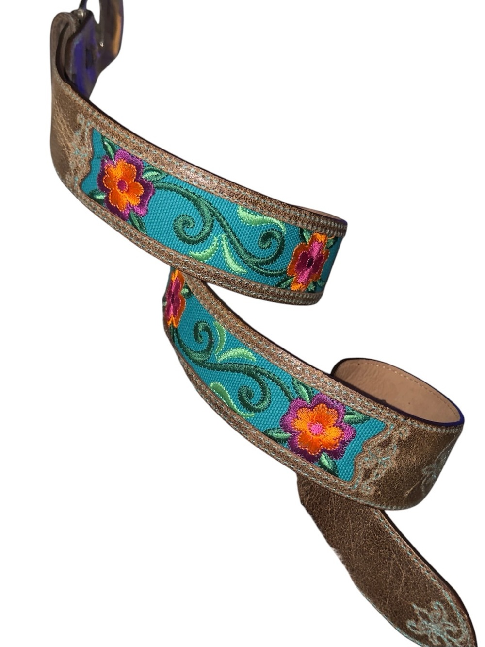 Justin  brown leather western belt teal cowgirl embroidered floral Sz 30